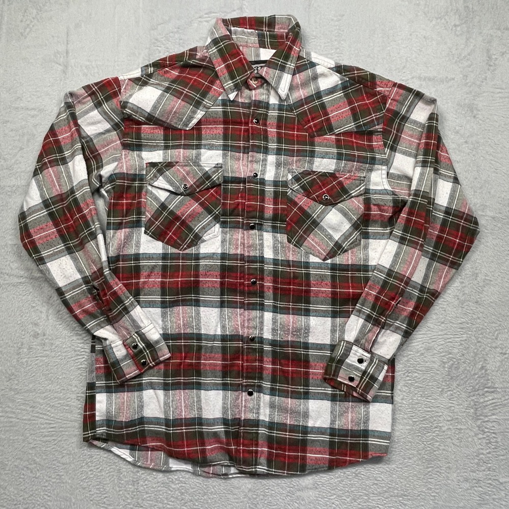 BTC Western Pearl Snap Flannel Shirt Mens Medium Red Green Plaid Long Sleeve